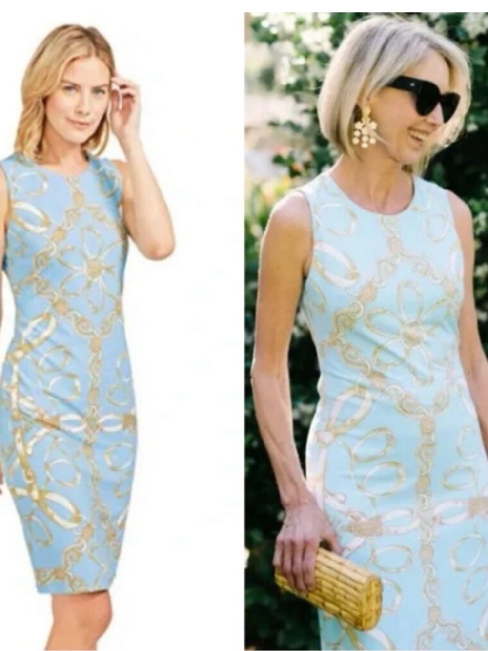 Sleeveless Light Blue Midi Dress with Gold Chain Print